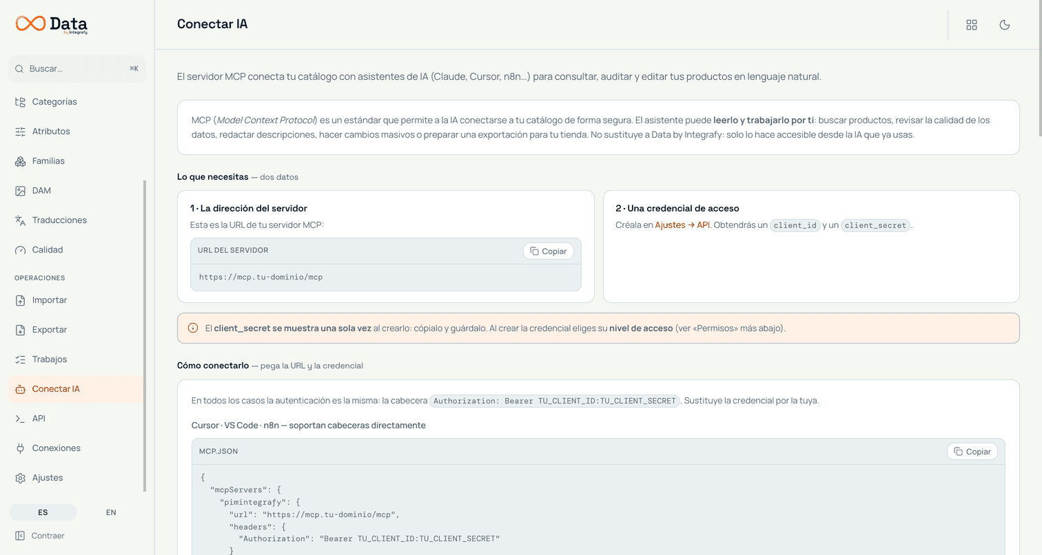 Pantalla «Conectar con IA (MCP)» del PIM, con la URL del servidor, la credencial de acceso y el fichero de configuración listo para copiar.